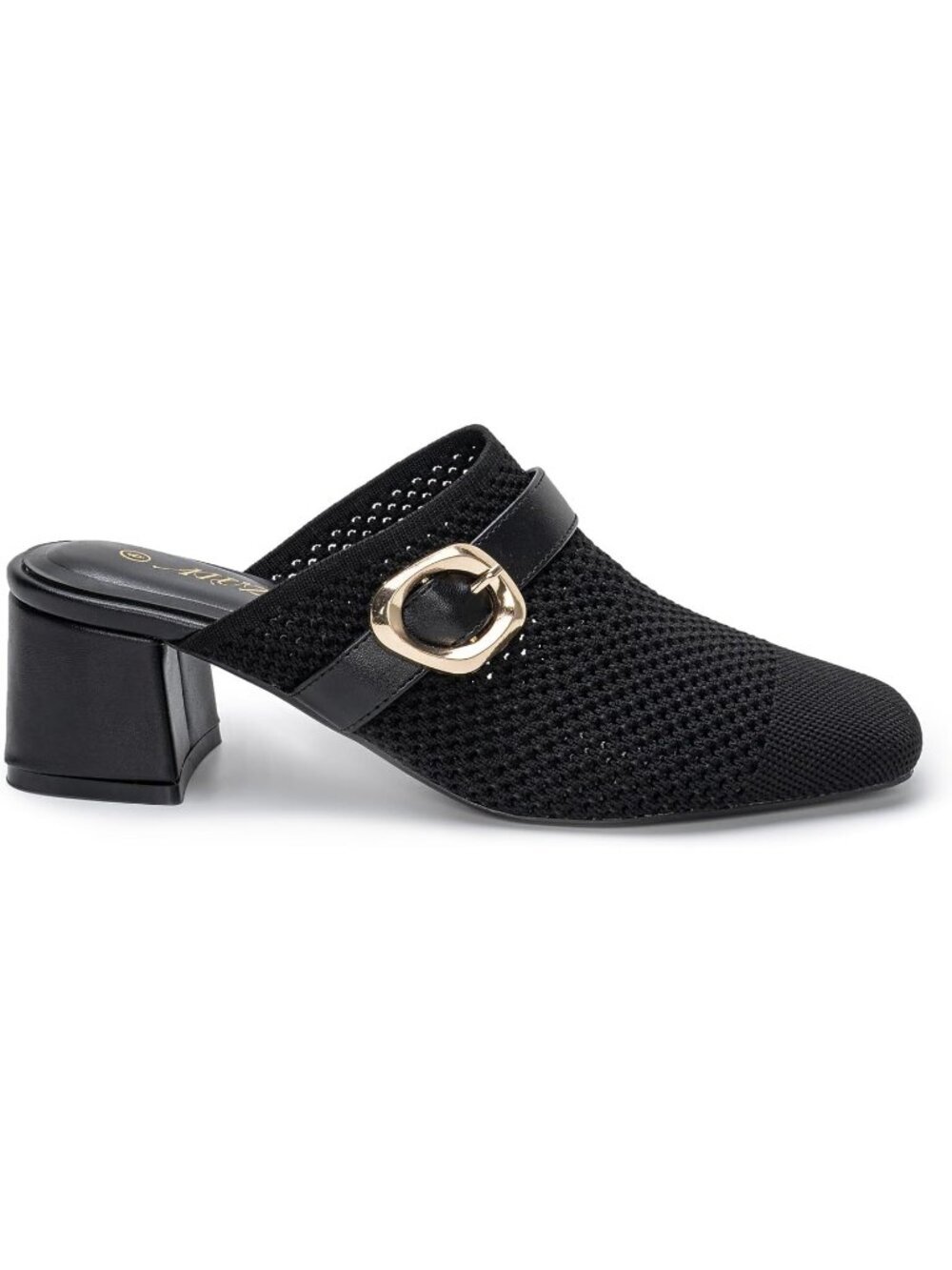 Women's Comfortable Knit Square Closed Toe Slip On Chunky Heel Black Slide Shoes